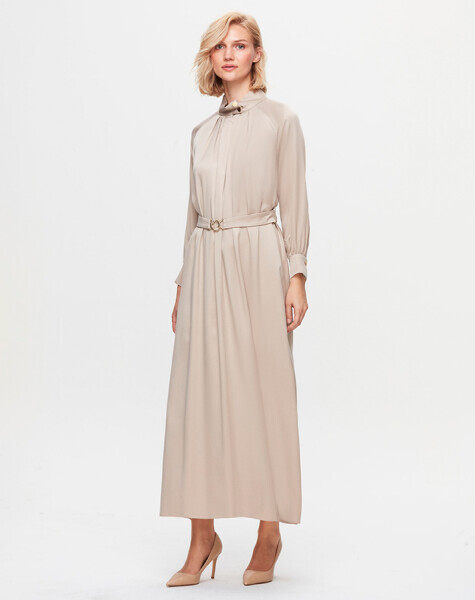 T25K-4002 Dik Yaka Cupro Elbise STONE - 2