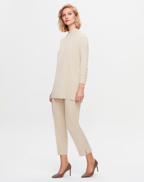 T25K-6001 Uzun Kollu Basic Triko Bej Tunik 