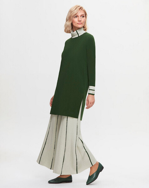 T25K-6025 Yakası ve Bileği Örgü Teknikli Uzun Tunik FOTO-EMERALD - 1