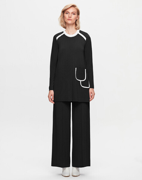 T25K-6027 İki Cepli Triko Siyah Tunik - MISS DALIDA