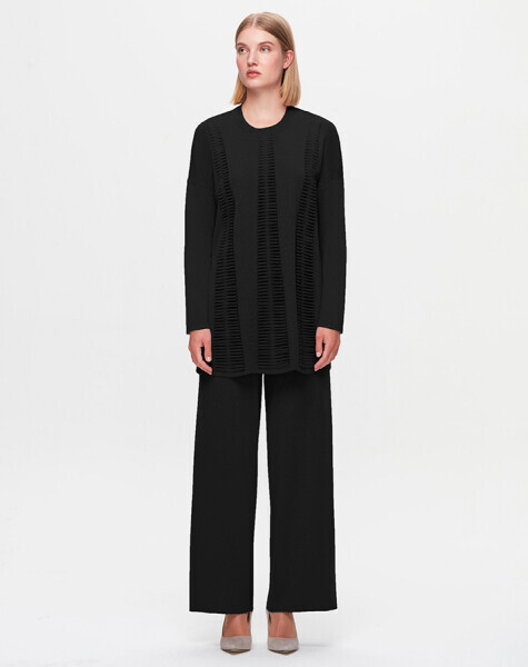 T25K-6037 Örgü Teknikli Düz Renk Siyah Tunik - MISS DALIDA