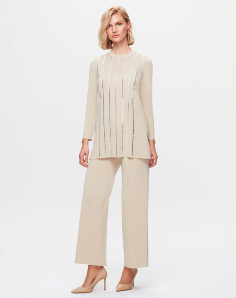 Yanları Şerit Taşlı Bol Paça Ekru Pantolon - MISS DALIDA