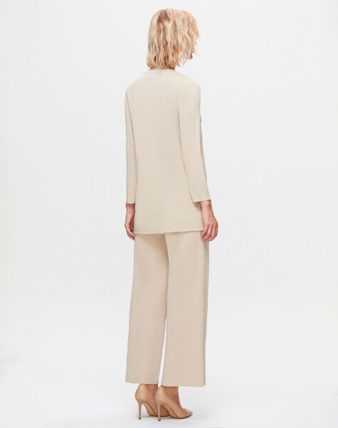 Yanları Şerit Taşlı Bol Paça Ekru Pantolon - 2