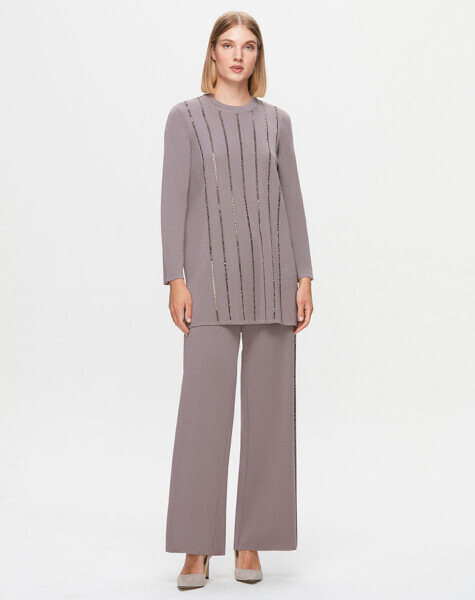 T25K-7006 Yanları Şerit Taşlı Bol Paça Mink Pantolon - 1