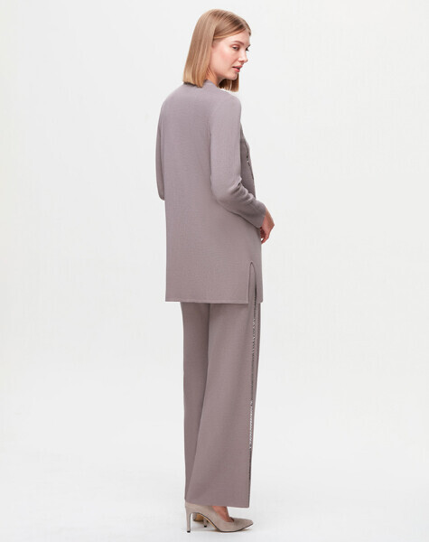 T25K-7006 Yanları Şerit Taşlı Bol Paça Mink Pantolon - 2