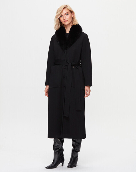 T25K-8000 İki Cepli Beli Kuşaklı Siyah Manto 