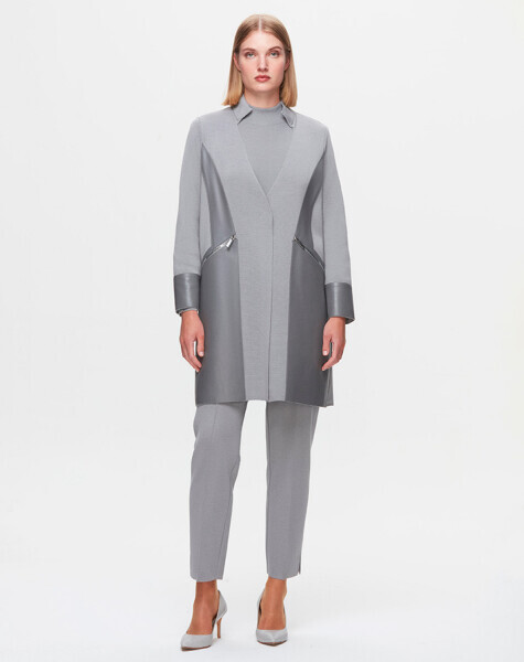 T25K-8023 Deri Detaylı Triko Ceket VİALE-GREY 