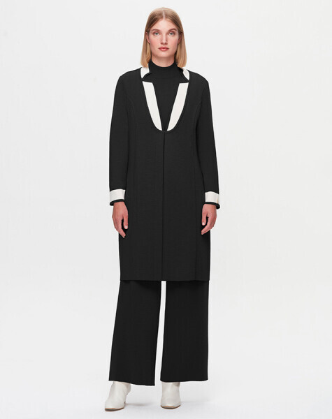 T25K-9003 Yaka Detaylı Agraflı Uzun Siyah Hırka - 1