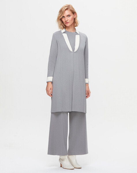 T25K-9003 Yaka Detaylı Agraflı Uzun Hırka VİALE-GREY - 1