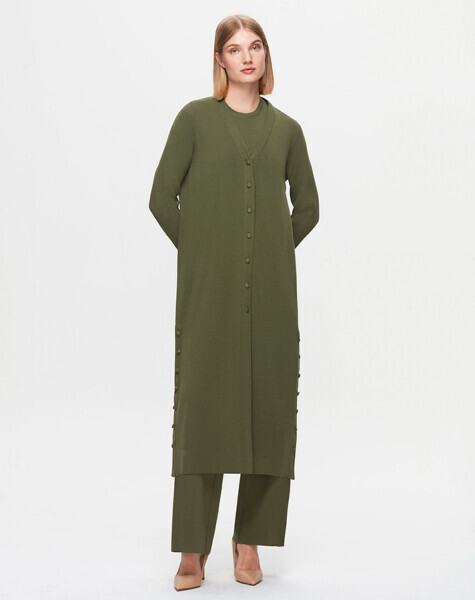 T25K-9007 Düz Renk Uzun Basic Hırka FARAD-GREEN 