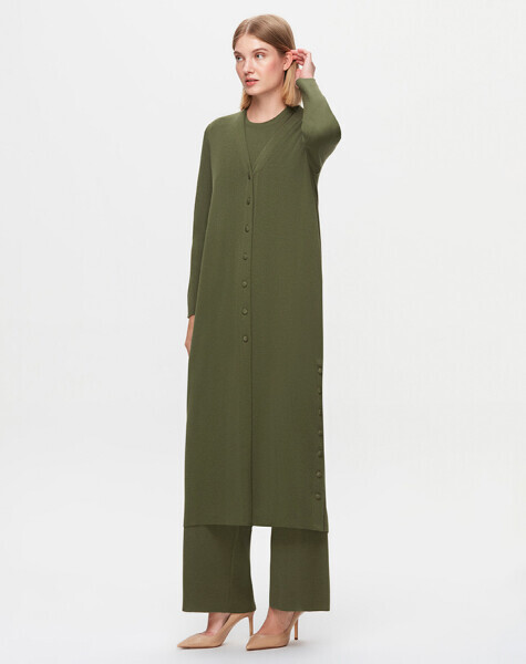 T25K-9007 Düz Renk Uzun Basic Hırka FARAD-GREEN - 2