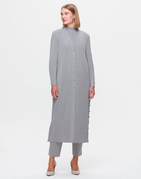 T25K-9007 Düz Renk Uzun Basic Hırka VİALE-GREY - MISS DALIDA