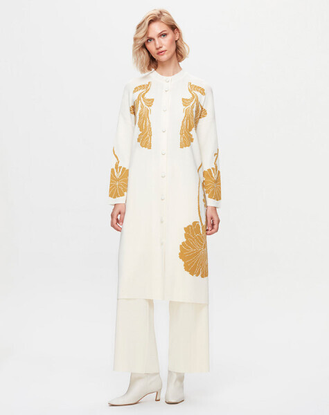 T25K-9017 Önü Çiçek Desenli Hırka FEDE-ECRU / DOTE-MUSTARD 