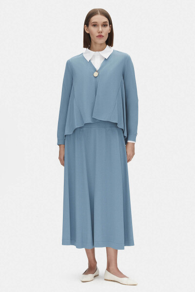 Düz Renk Triko Kloş Mavi Etek - 1