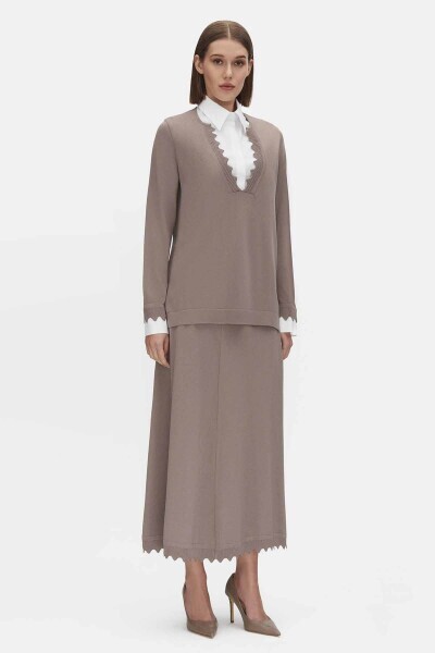 Etek Ucu Dilimli Triko Vizon Etek 