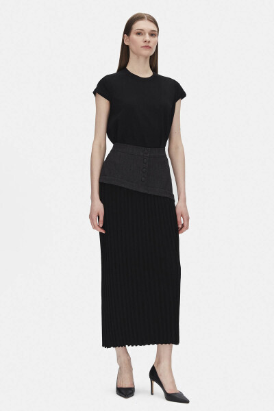 Denim Detaylı Fitilli Kalem Siyah Etek - 3