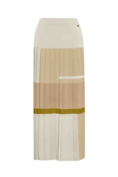 Renkli Çizgili Triko Plise Kum Rengi Etek - 1