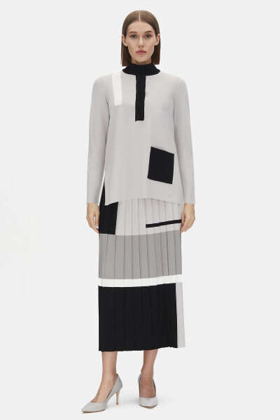 Renkli Çizgili Triko Plise Siyah Etek - Miss Dalida