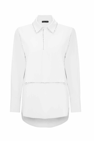 Parlak Taş Detaylı Poplin Beyaz Gömlek - 1