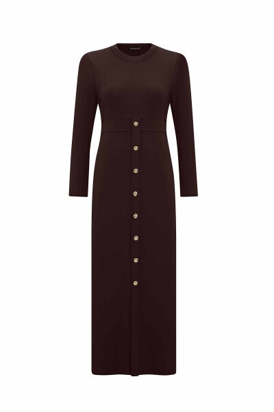 Yuvarlak Yaka Fitil Detaylı KahverengiElbise - 1