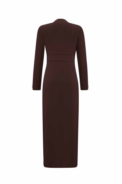 Yuvarlak Yaka Fitil Detaylı KahverengiElbise - 2