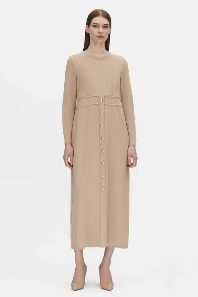 Yuvarlak Yaka Fitil Detaylı 1515-Camel Elbise - 1