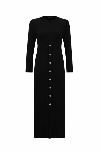 Yuvarlak Yaka Fitil Detaylı Siyah Elbise - MISS DALIDA