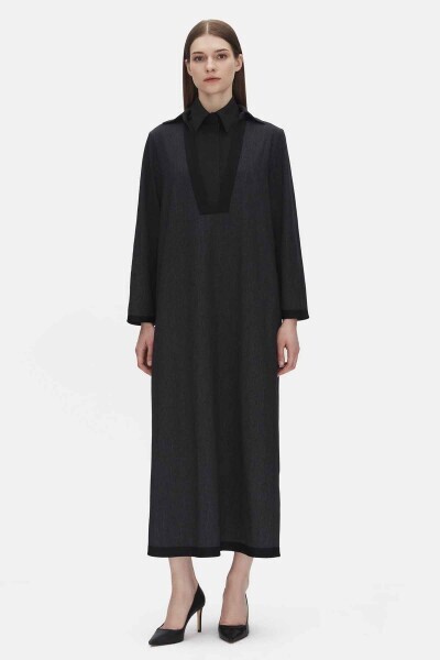 V Yaka Denim Siyah Elbise - MISS DALIDA