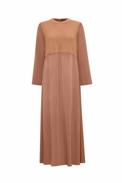 Yuvarlak Yaka Cupro Camel Elbise 