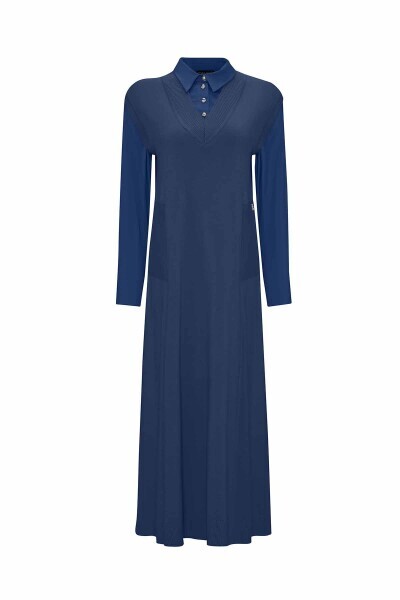 V Yaka Triko Kolsuz Indigo Elbise - 1