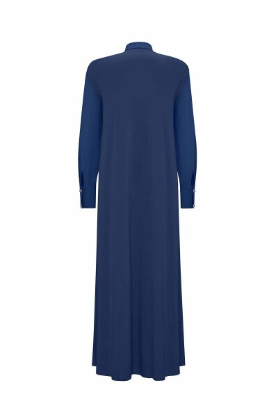 V Yaka Triko Kolsuz Indigo Elbise - 2