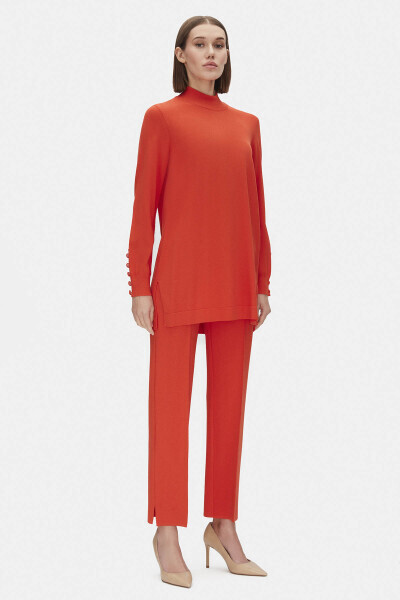 Uzun Kollu Triko Kırmızı Tunik - 1
