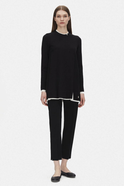 Yakası Yırtmaçlı Triko Siyah Tunik - MISS DALIDA