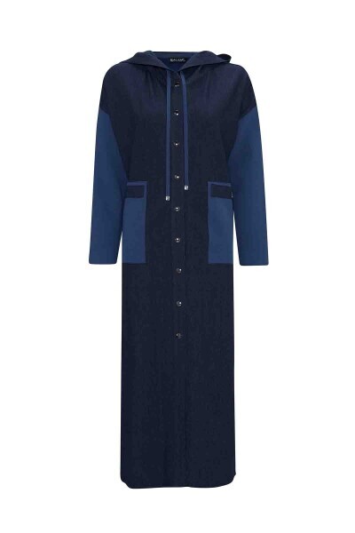 Triko Detaylı Uzun Denim Indigo Kap 