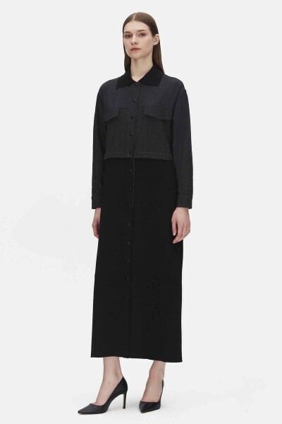 Triko Detaylı Uzun Denim Siyah Kap - 1