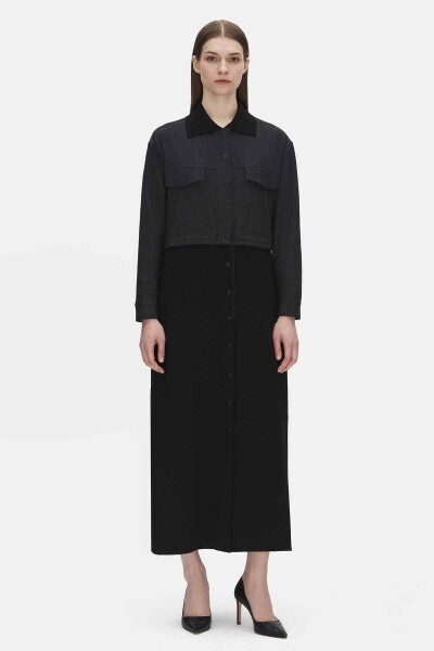 Triko Detaylı Uzun Denim Siyah Kap - 2