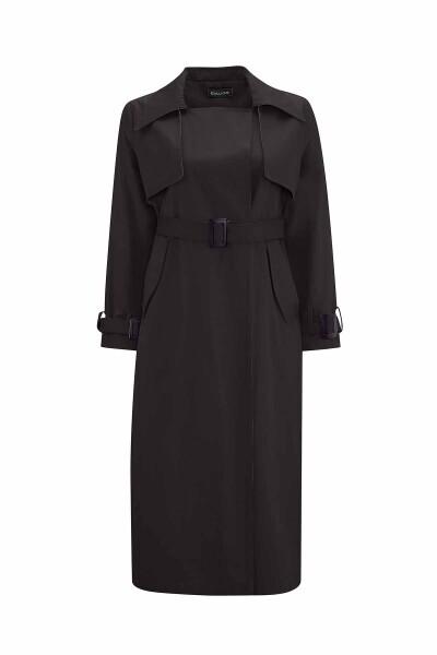 Triko Detaylı Kumaş Siyah Trençkot 