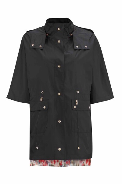 Astarı Desenli Kumaş Siyah Yağmurluk - 1