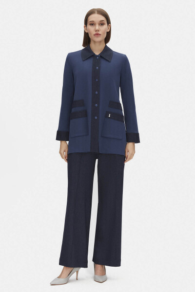 Denim Detaylı Triko Indigo Ceket 