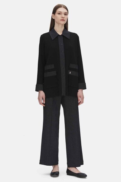 Denim Detaylı Triko Siyah Ceket - MISS DALIDA