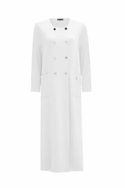 Kruvaze Düğmeli Uzun Ekru Hırka 