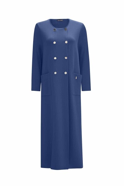 Kruvaze Düğmeli Uzun Indigo Hırka 