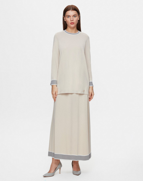 Ucu Renk Şeritli Triko Kloş Sand Etek - 1