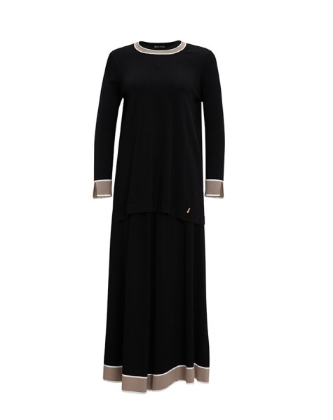 Ucu Renk Şeritli Triko Kloş Siyah Etek - 1