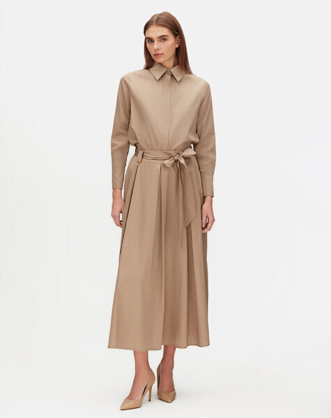 Beli Kuşaklı Rahat Kesim Kumaş Camel Etek 