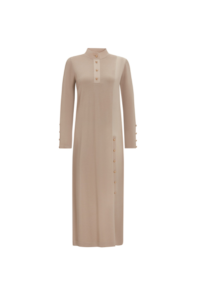 Dik Yaka Düğme Detaylı Taş Rengi Elbise 