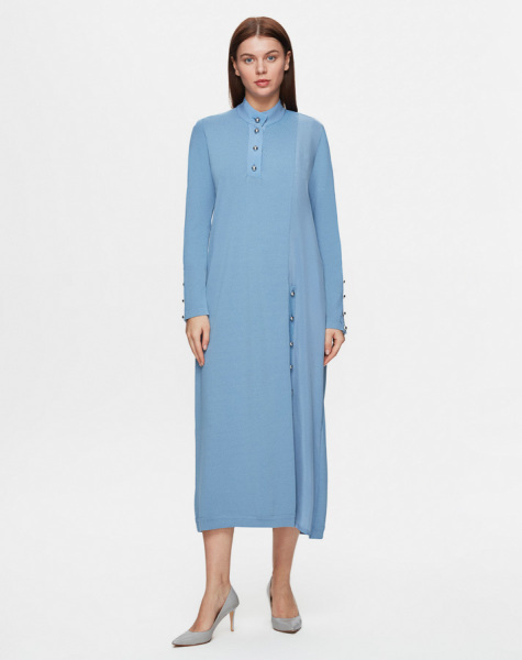 Dik Yaka Düğme Detaylı Mavi Elbise 