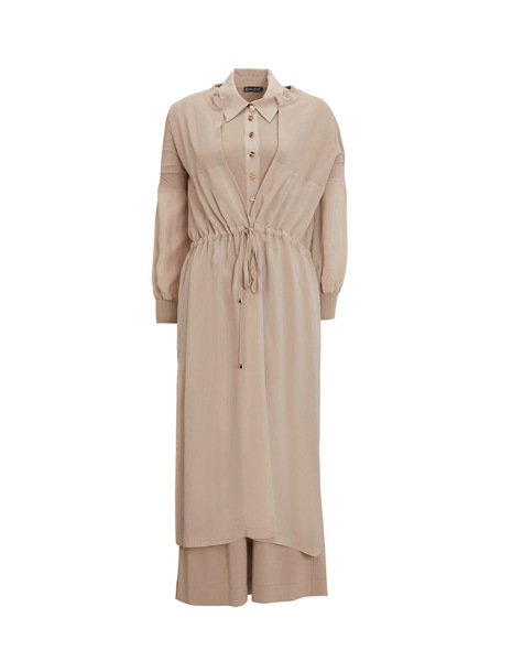 Gömlek Yaka Düğmeli Kolsuz Taş Rengi Elbise 