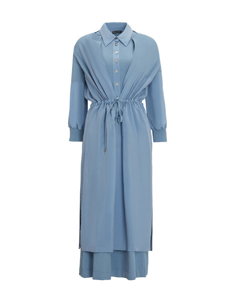 Gömlek Yaka Düğmeli Kolsuz Mavi Elbise 