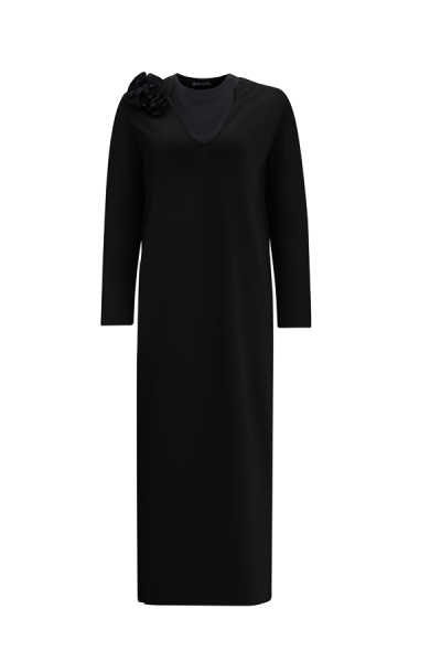 Çiçek Broşlu Triko Siyah Elbise - 1